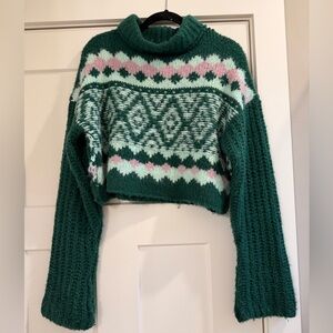 Free People Dark Green Cropped Fair Isle Sweater with Mint & Pink